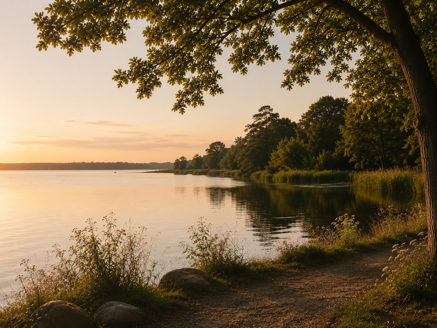 En fredelig flod ved solnedgang omgivet af grønne træer og buske, med en sti langs bredden.