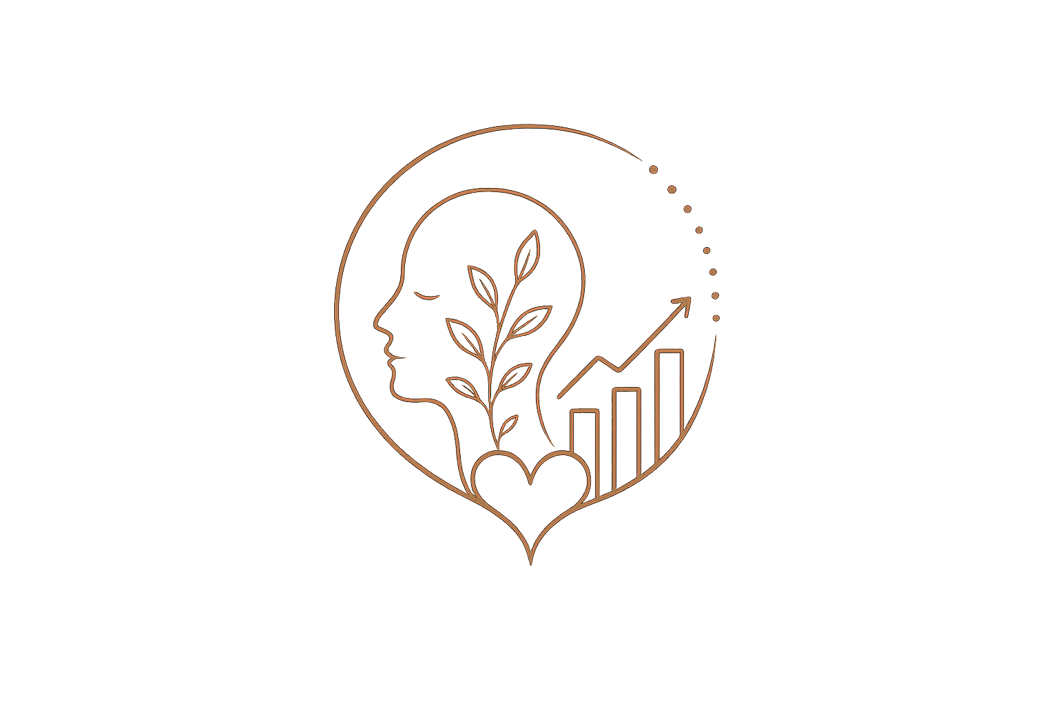 Et logo med en silhuet af et menneskehoved, en plante med blade, en hjerteformet bund, og en graf med stigende søjler og en pil, alt i en brunlig nuance.