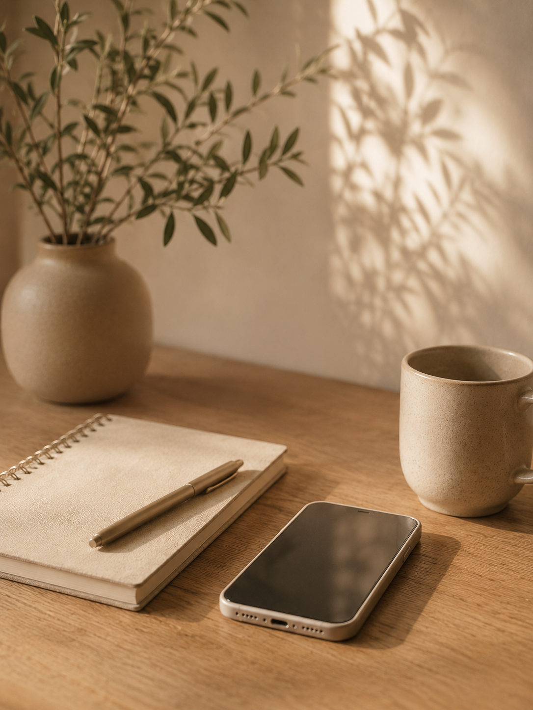 En beige notesbog med en pen, en smartphone, en kop, en vase med en grøn plante, på et træbord.