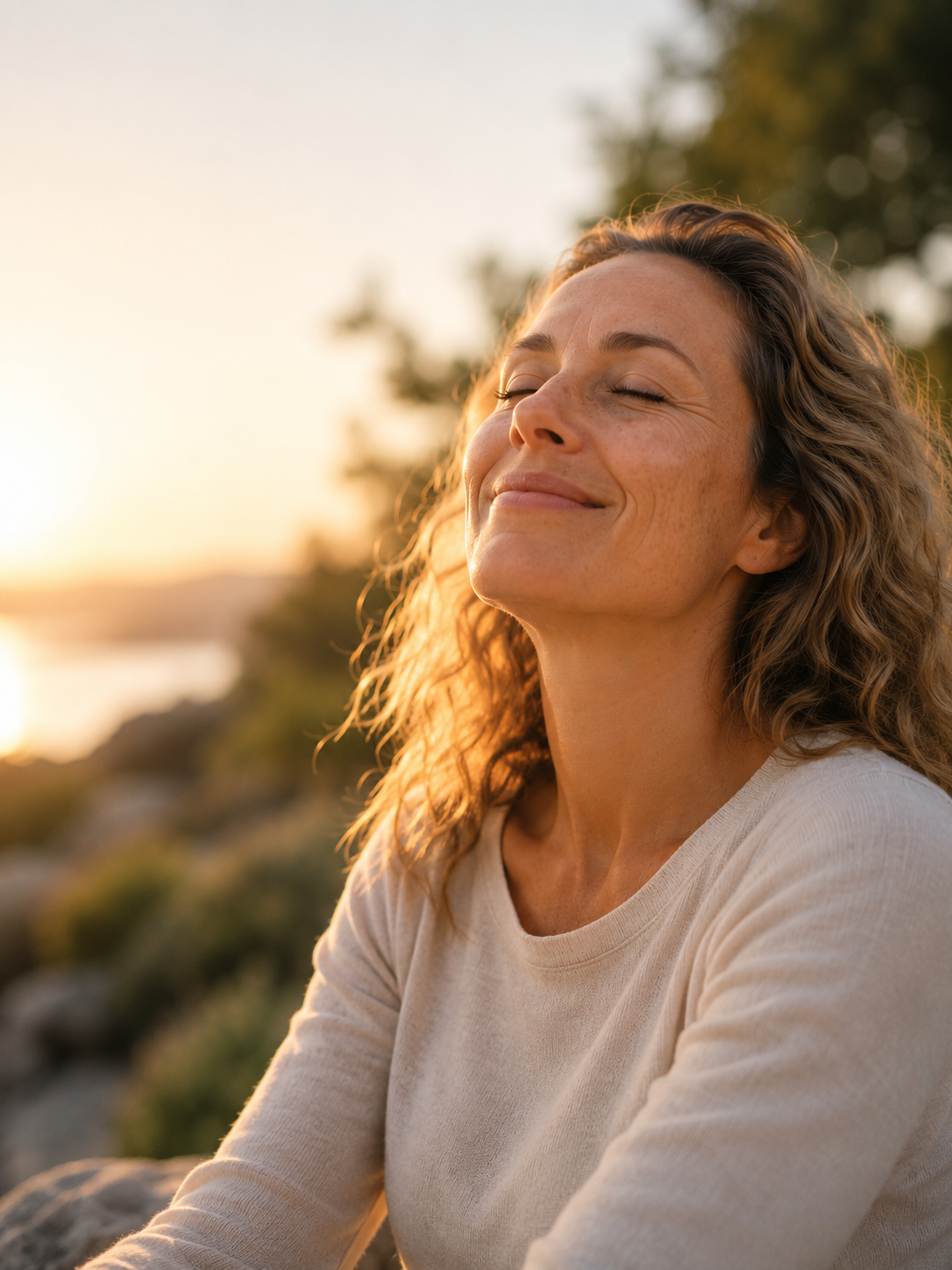 Kvindelig person nyder solen med lukkede øjne ved solnedgang i naturen.