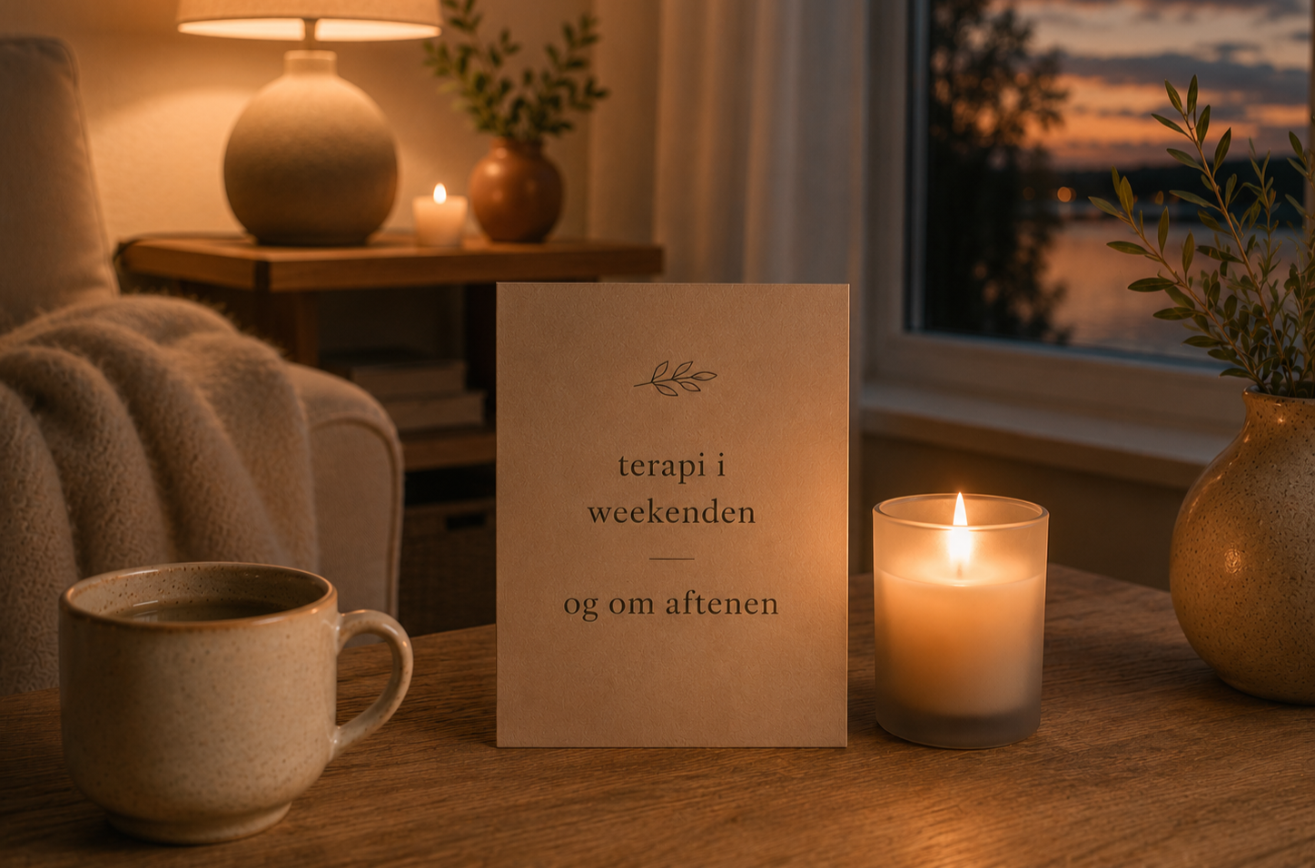 Et mug med kaffe, et lys, en kort med teksten 'terapi i weekenden og om aftenen', samt en vase med grønne grene foran et vindue med udsigt over en solnedgang ved vandet.