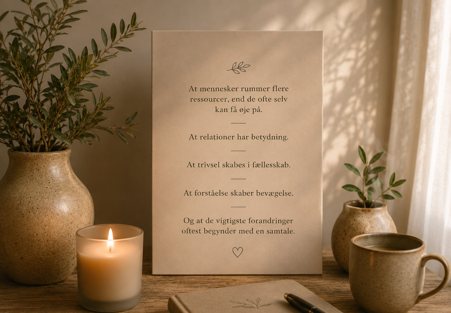 Et hjemmekontor eller afslapningsområde med en lampe, to keramiske vaser med grønne blade, en lyserød bog, en kaffekop, og et skilt med tekst om menneskelige ressourcer og relationer, skrevet på dansk, i blødt lys.