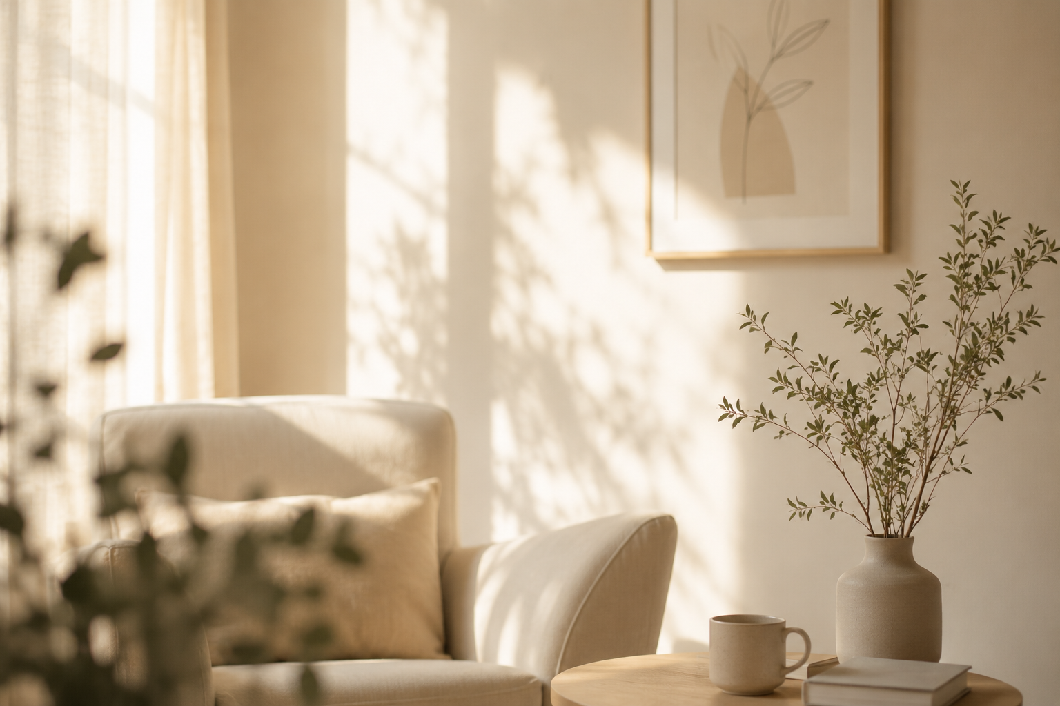 Et hyggeligt hjørne med en beige sofa, en vaser med grønne blade, en kop og bøger på et rundt bord, med blødt naturligt lys og skygger, der skaber en varm atmosfære.