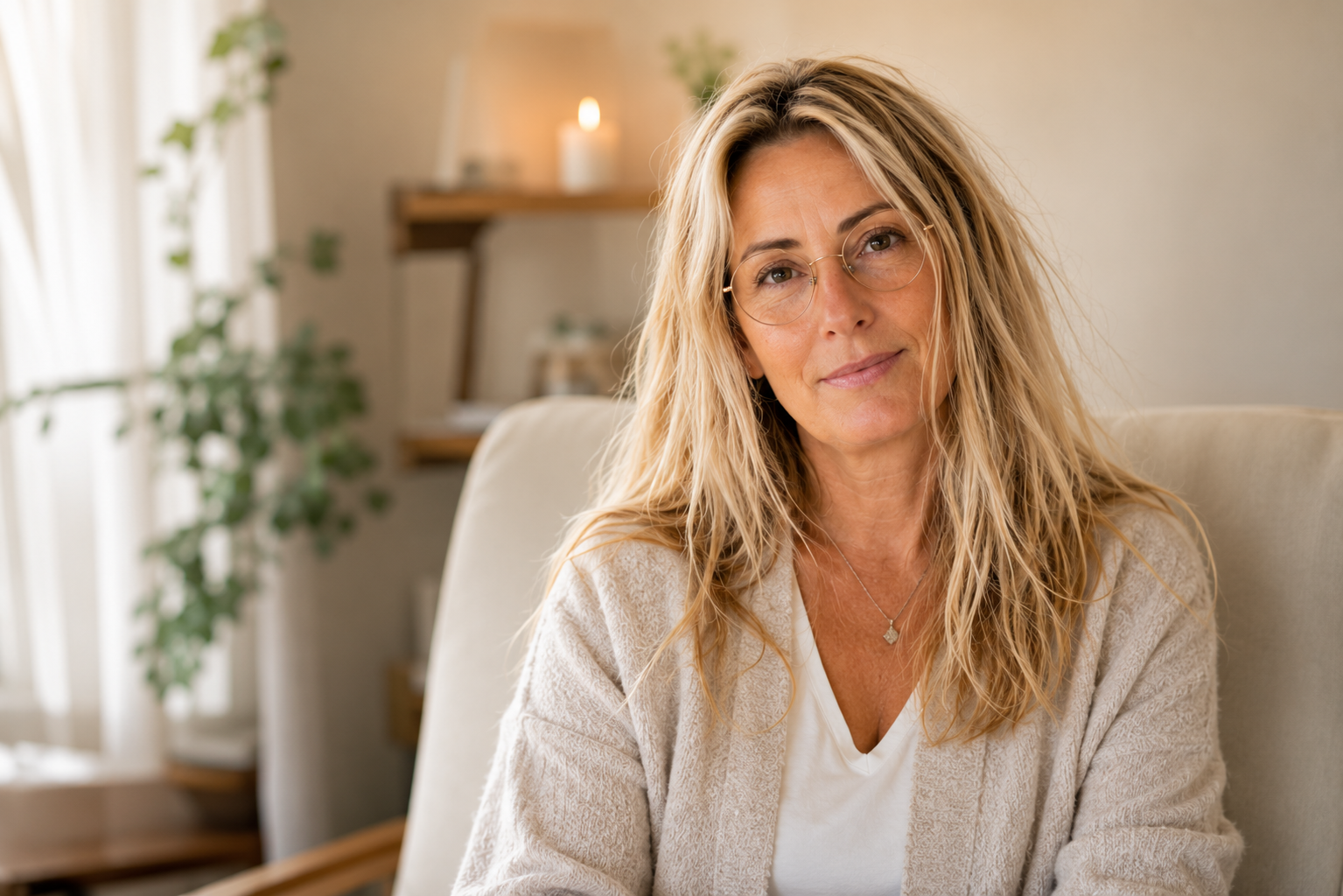 En kvinde med blond, bølget hår og runde briller sidder i en stue med lys væg og grøn plante i baggrunden.