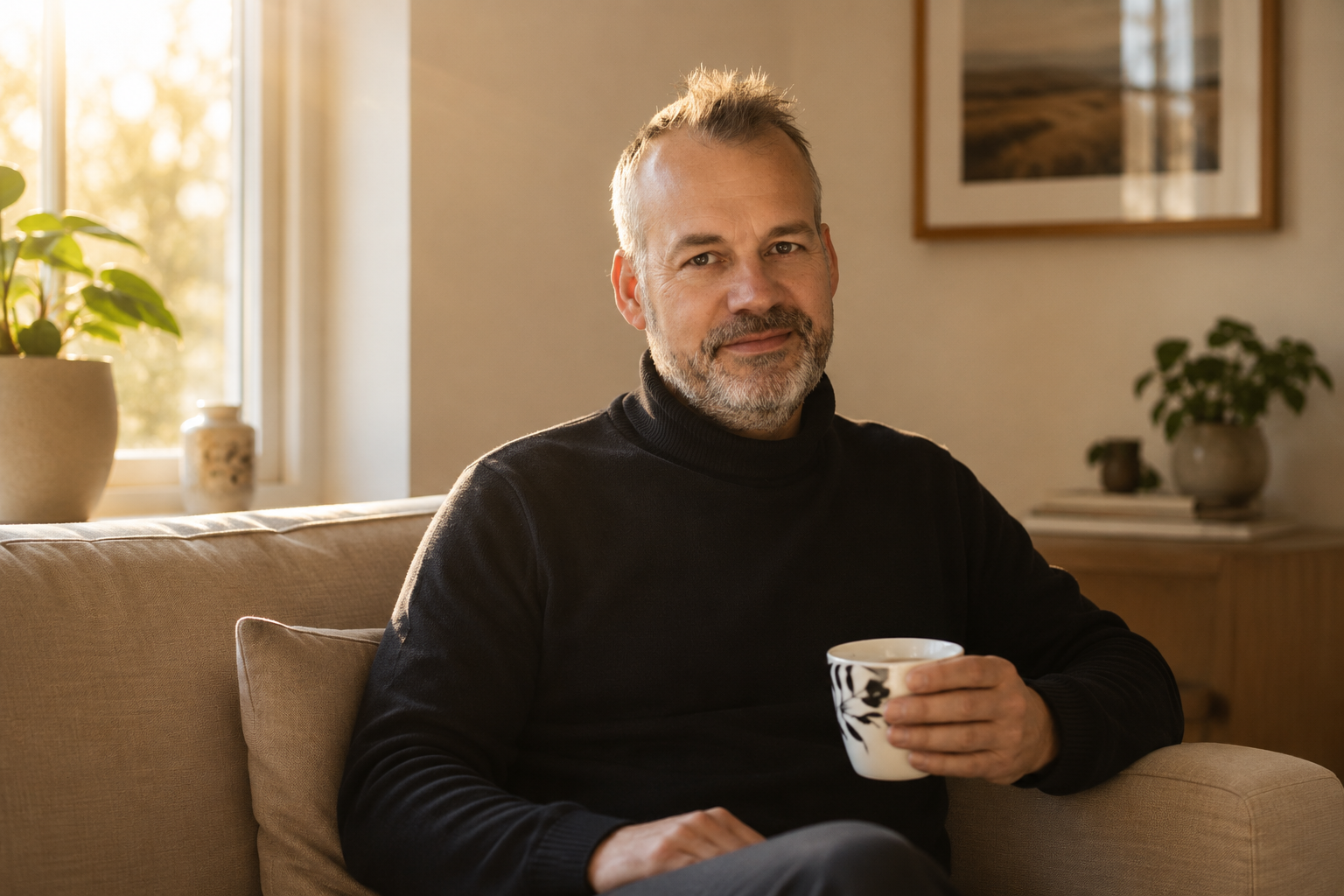 En mand sidder på en sofa og drikker kaffe i et lyst rum med planter og et maleri på væggen.