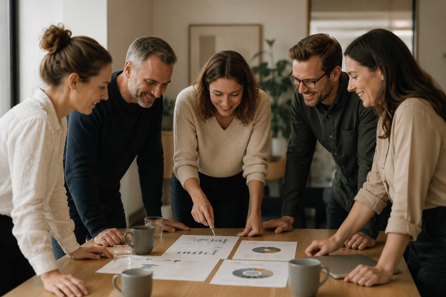 Gruppemøde med fem personer, der ser på rapporter og diagrammer på bordet, smiler og diskuterer.