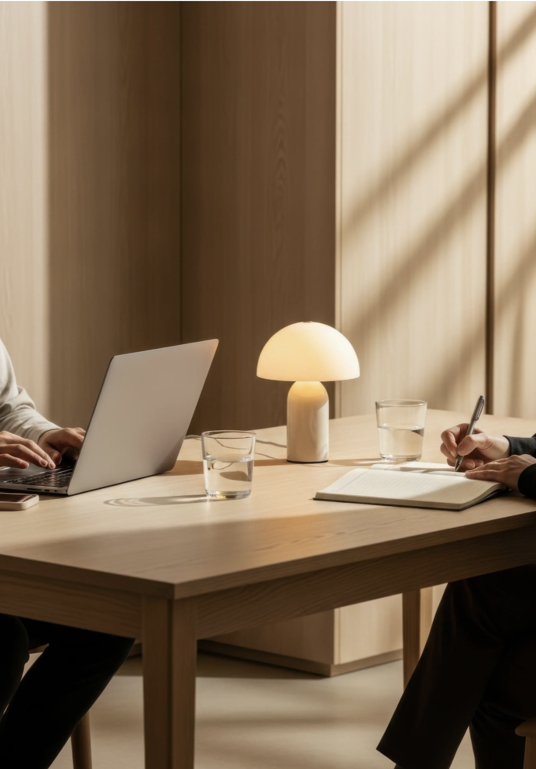 To personer arbejder ved et bord med en laptop, et notebook, to kopper vand og en lampe.