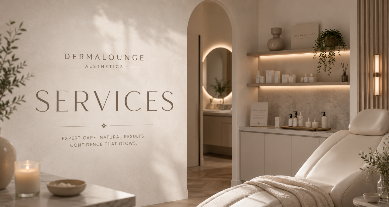 Interior of a modern skincare or beauty spa with a reclined treatment chair, soft lighting, shelves with skincare products, and a mirror in the background.