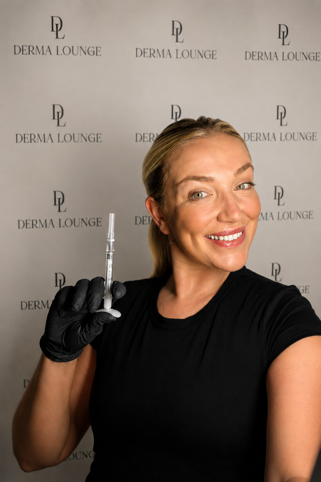 A smiling woman with blond hair, wearing a black shirt and black gloves, holding a syringe, standing in front of a backdrop with 'DERMA LOUNGE' logos.