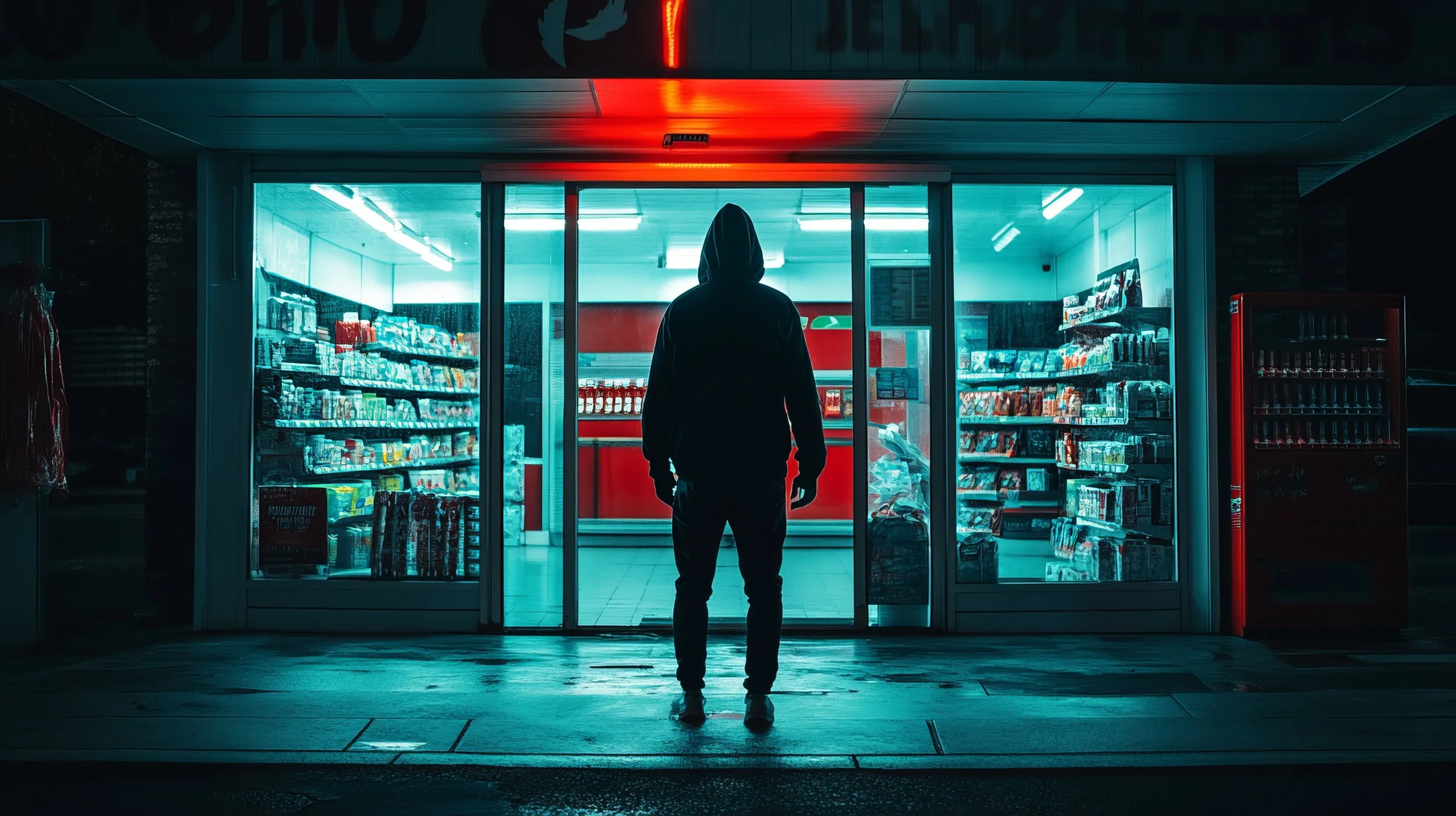 Potential intruder outside a convenience store before a break and enter attempt.