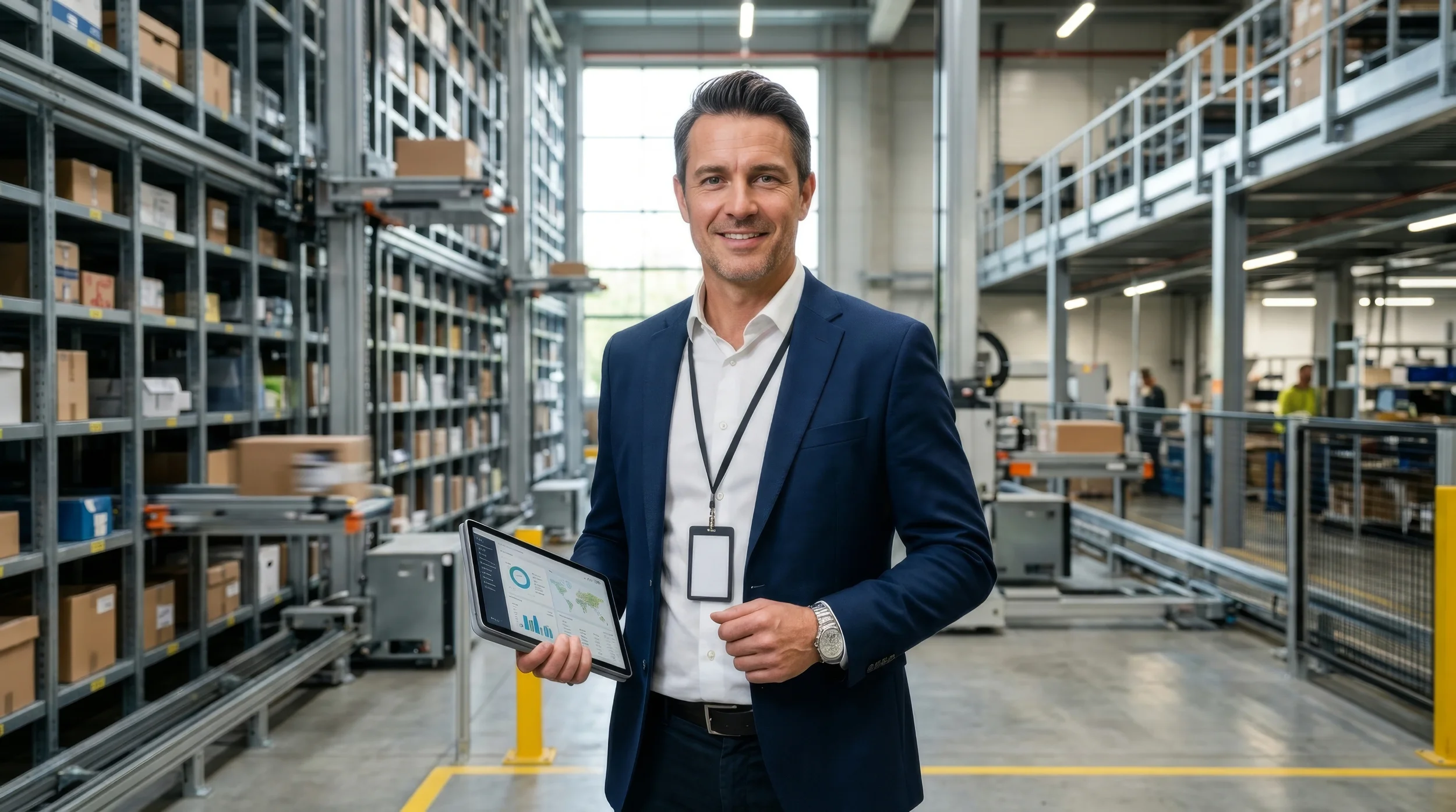 A man in a suit holding a tablet with data charts in a warehouse with shelves of boxes.