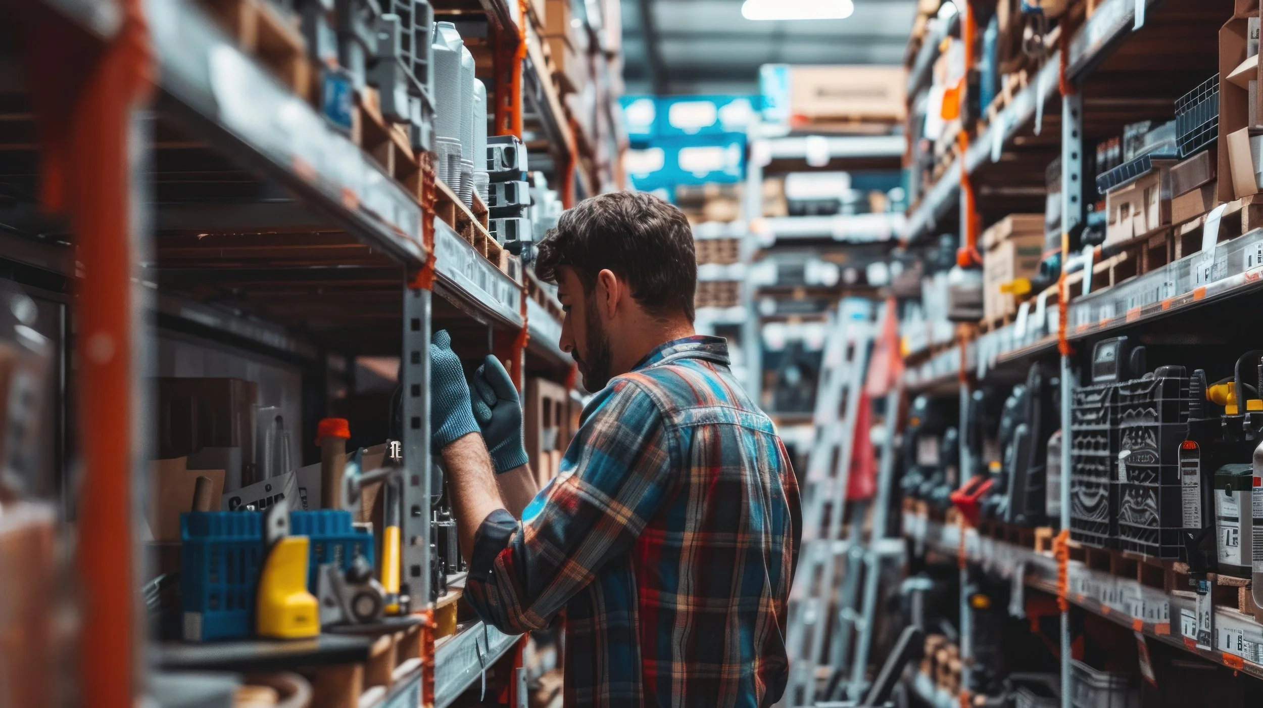 Man inside a tool shop displaying valuable tools and equipment that require effective intruder deterrent security systems.