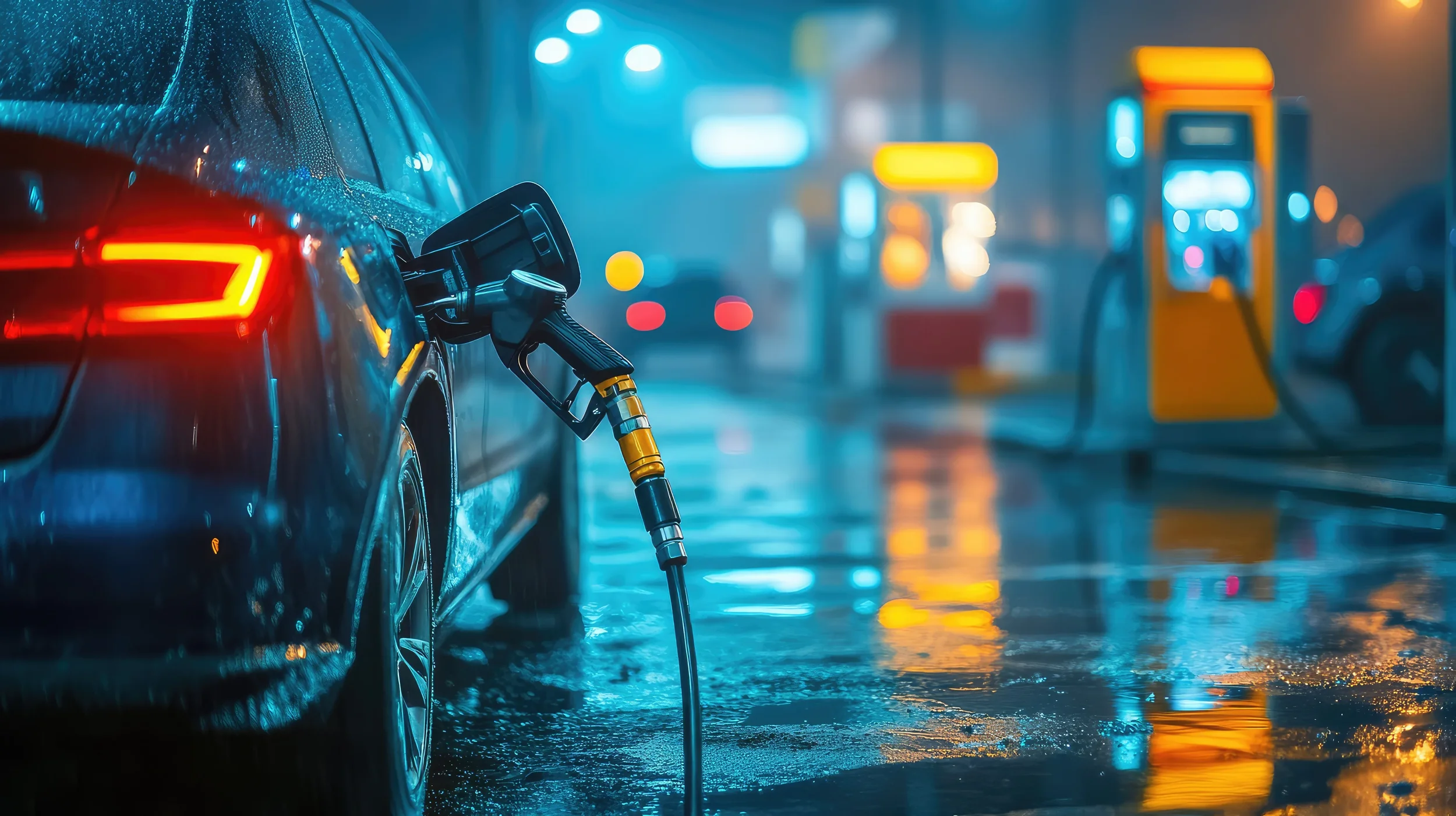 Petrol station and service centre forecourt with fuel pumps, retail area, and exposed after-hours access points