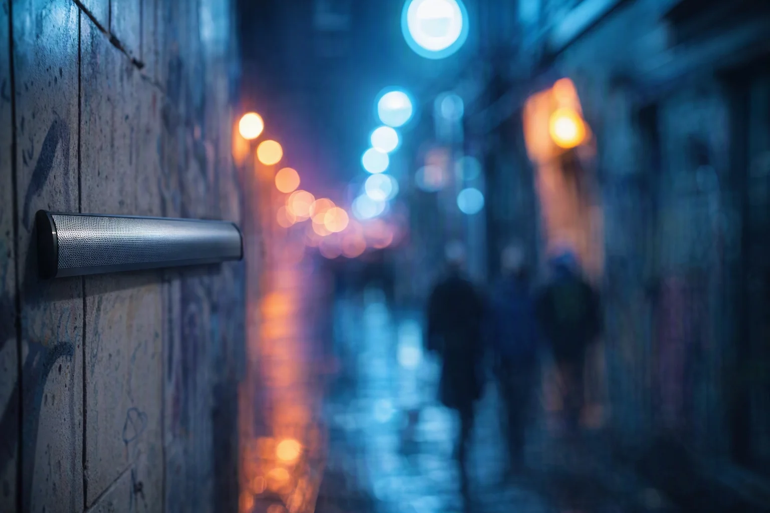 High-decibel security sound barrier installed on an external wall, providing an effective audible intruder deterrent for businesses and commercial properties.