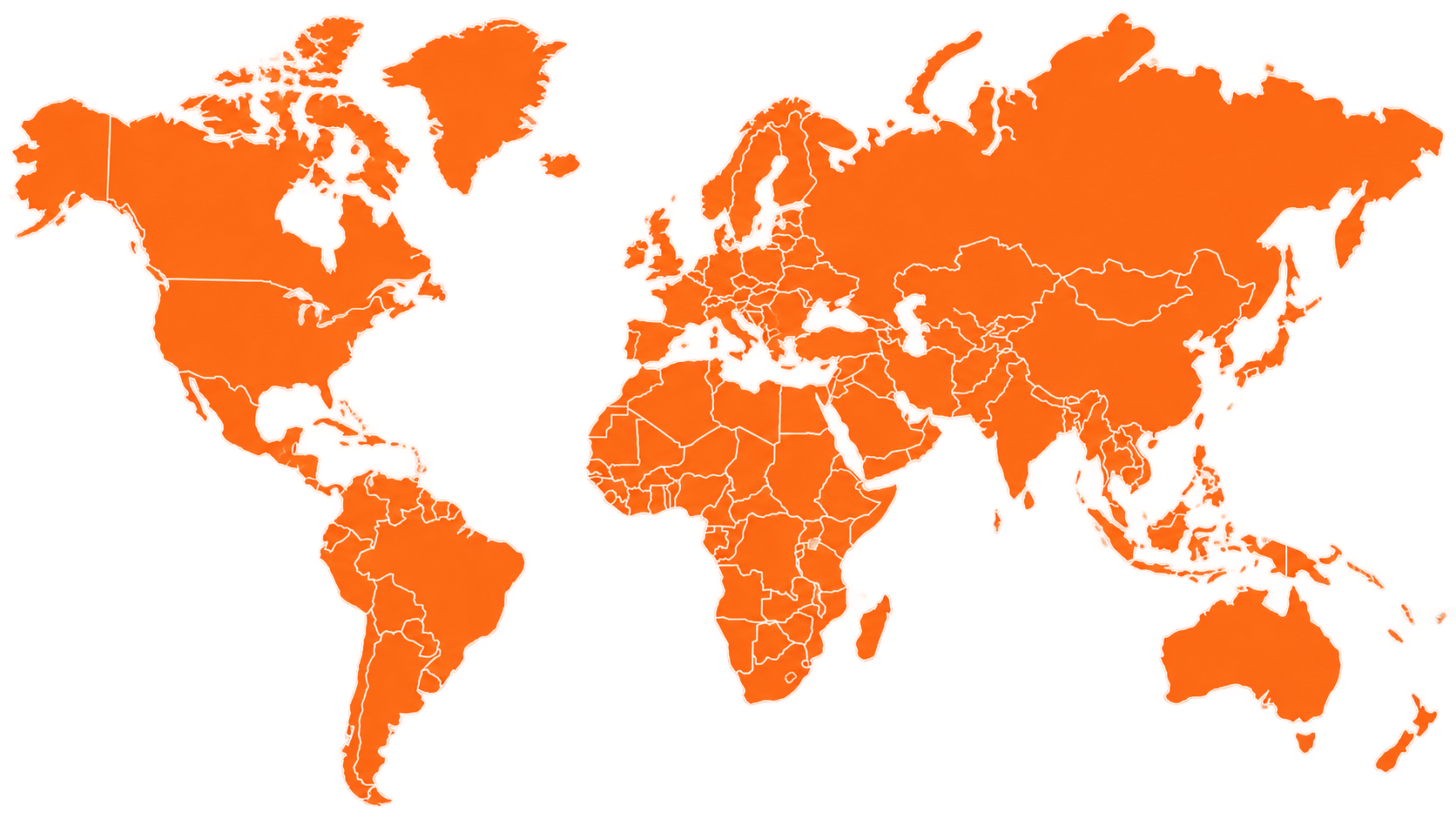 A world map showing various countries in different shades of orange and red, with country borders outlined in white, over a bright yellow background.