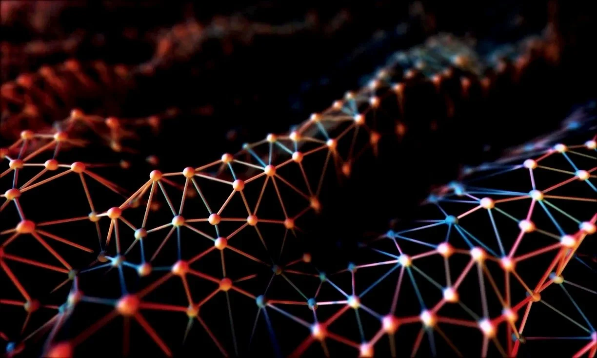 Digital abstract background with interconnected glowing nodes and lines forming a network on a dark background