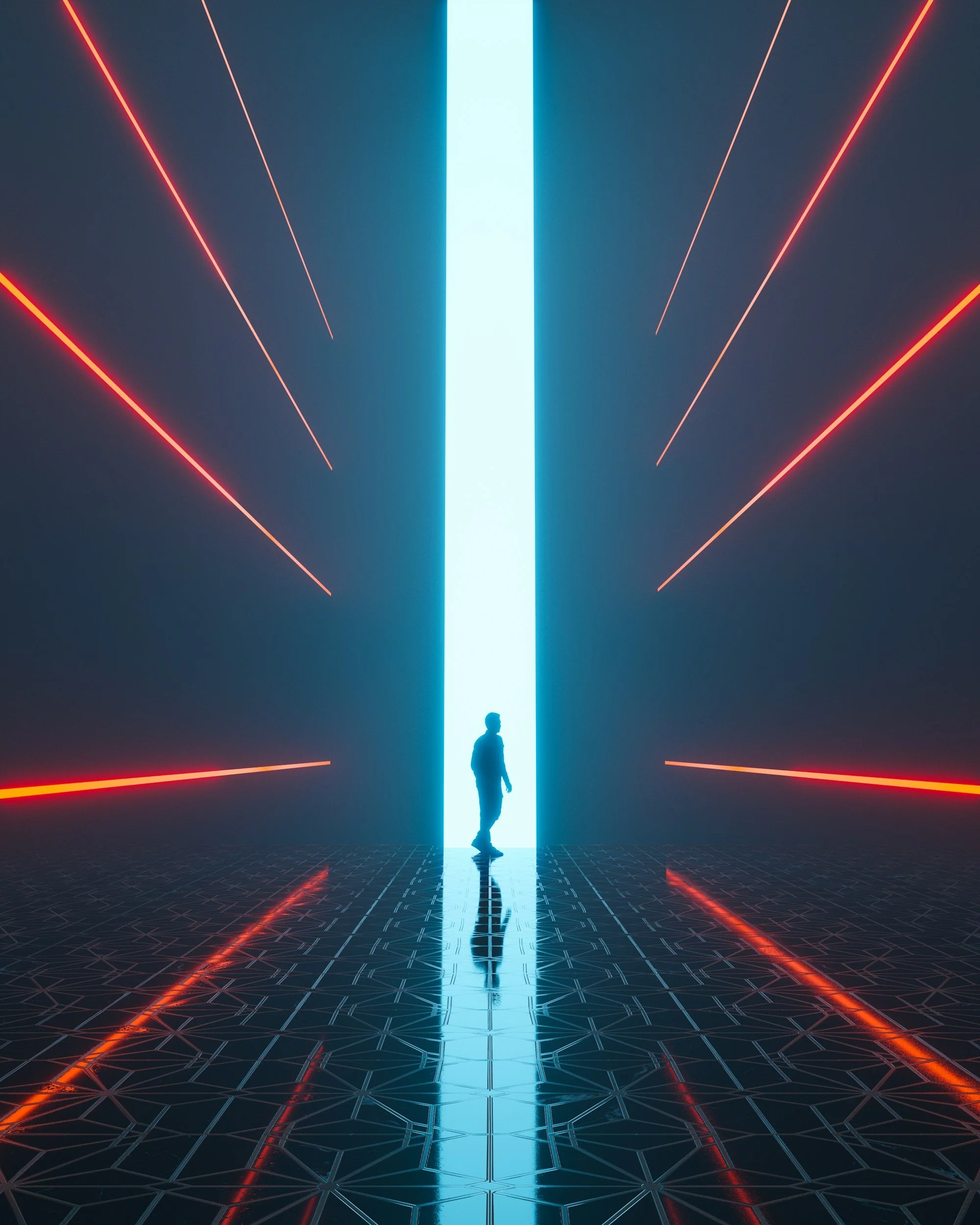 A person walking towards a bright vertical doorway in a dark, futuristic environment with glowing red and blue lines on the floor and walls.