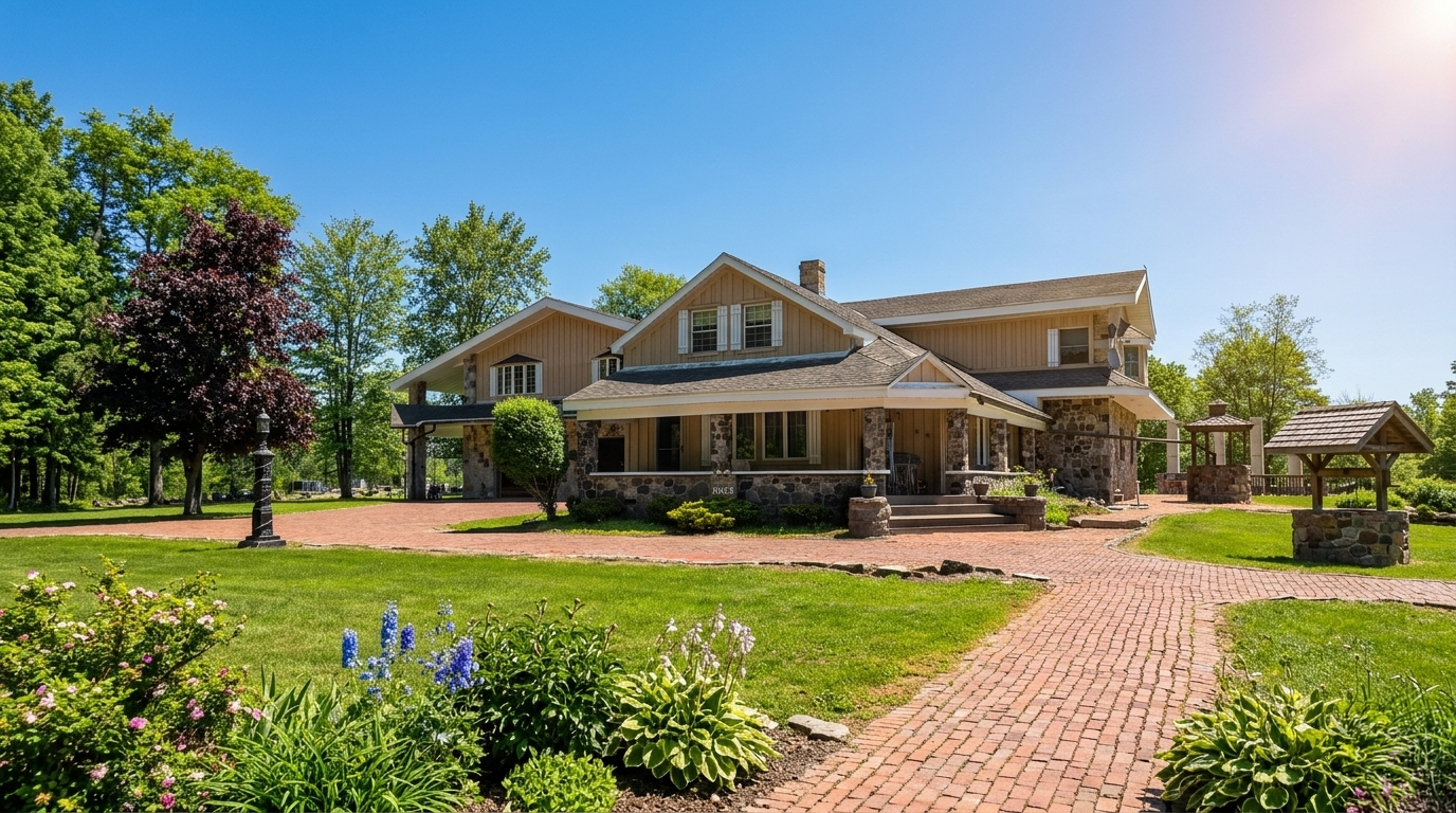 A large, two-story house with a wood and stone exterior, surrounded by a lush garden and a brick walkway, under a clear blue sky.