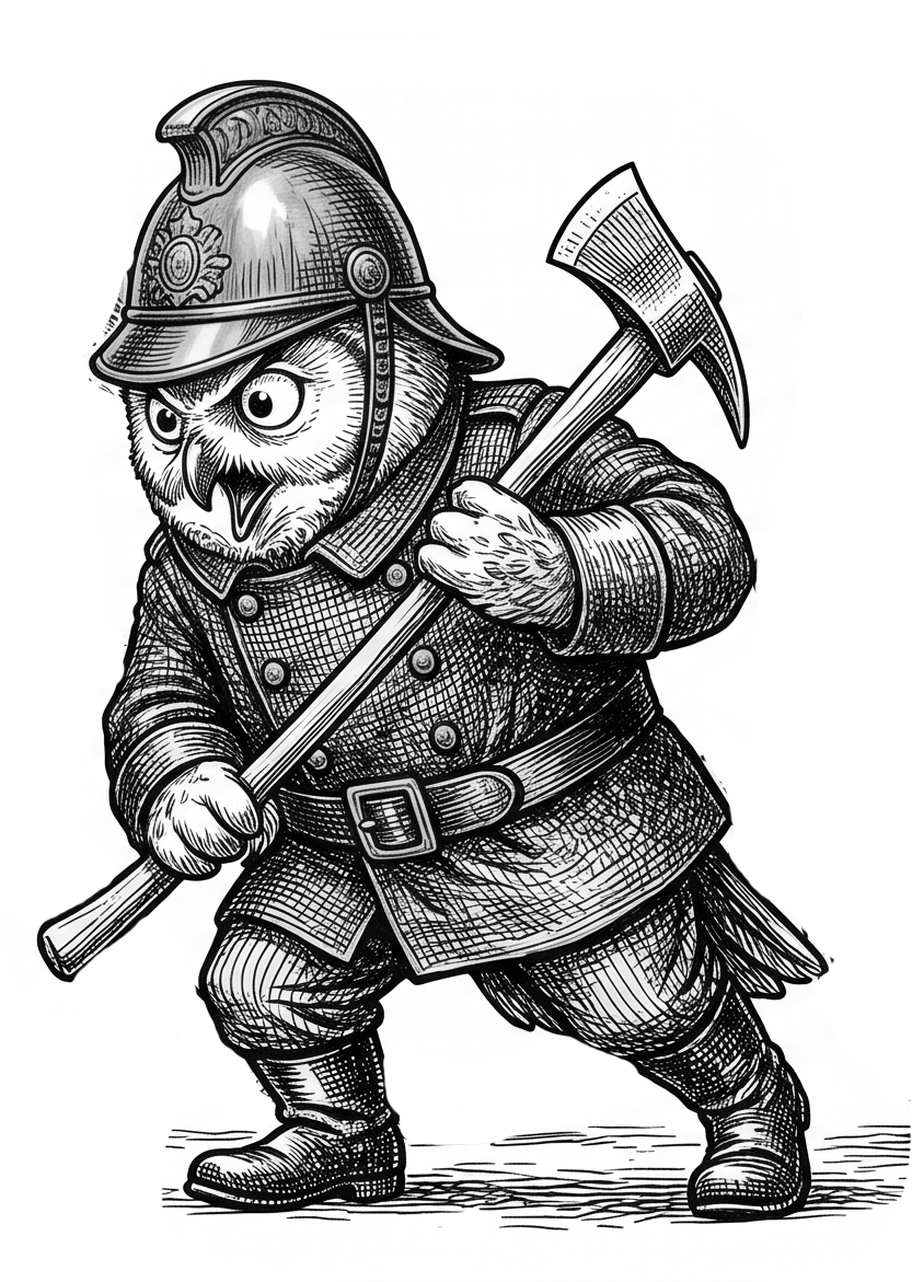 Drawing of an owl dressed as a medieval warrior, wearing a helmet and armor, holding an axe.
