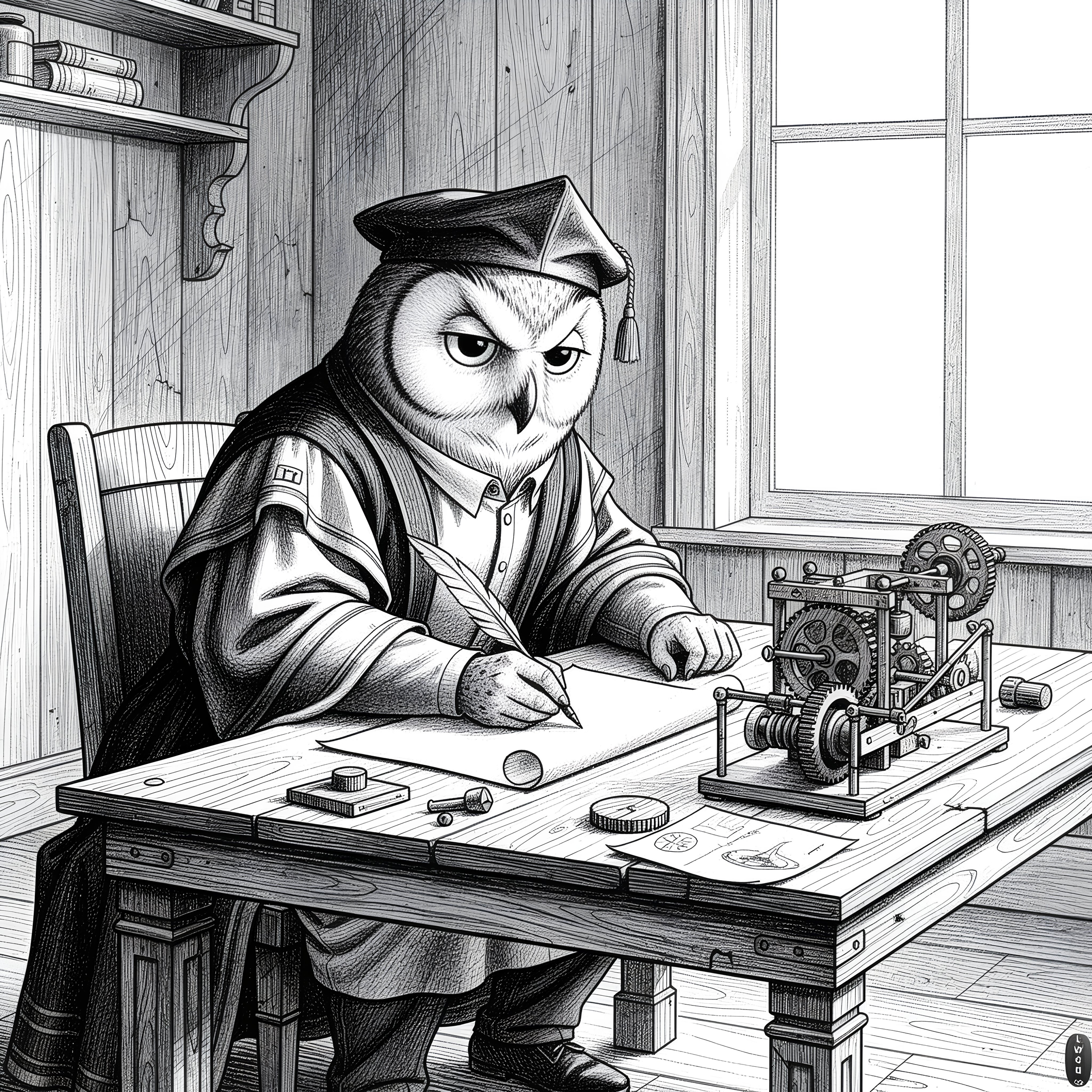 A detailed black-and-white drawing of an owl with human-like eyebrows, wearing a graduation cap, sitting at a desk with engineering or mechanical models, papers, and books in a room with wooden walls and large windows.