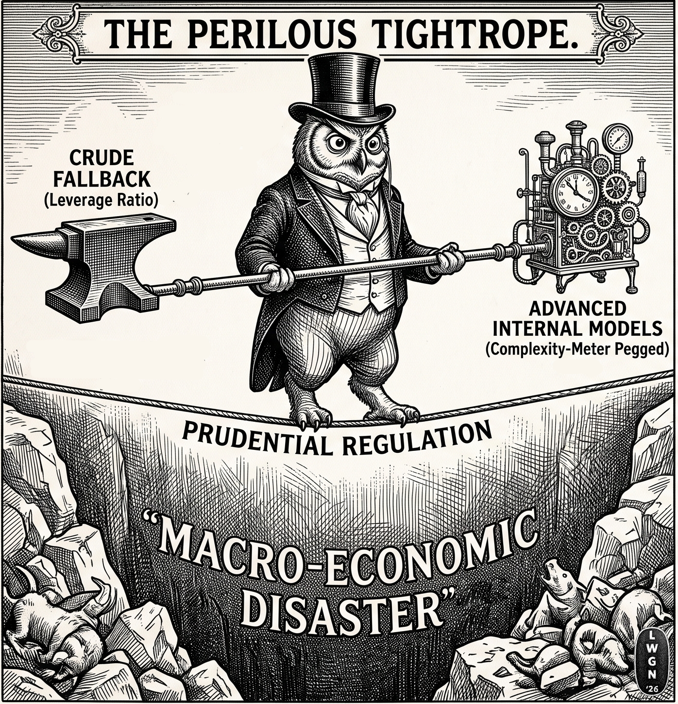 An anthropomorphic owl on a tightrope over a deep valley labelled "Macro-economic Disaster". He is holding a pole to help him balance on one end an anvil marked crude fallback (leverage ratio) and the other advanced internal models (complexity-meter)