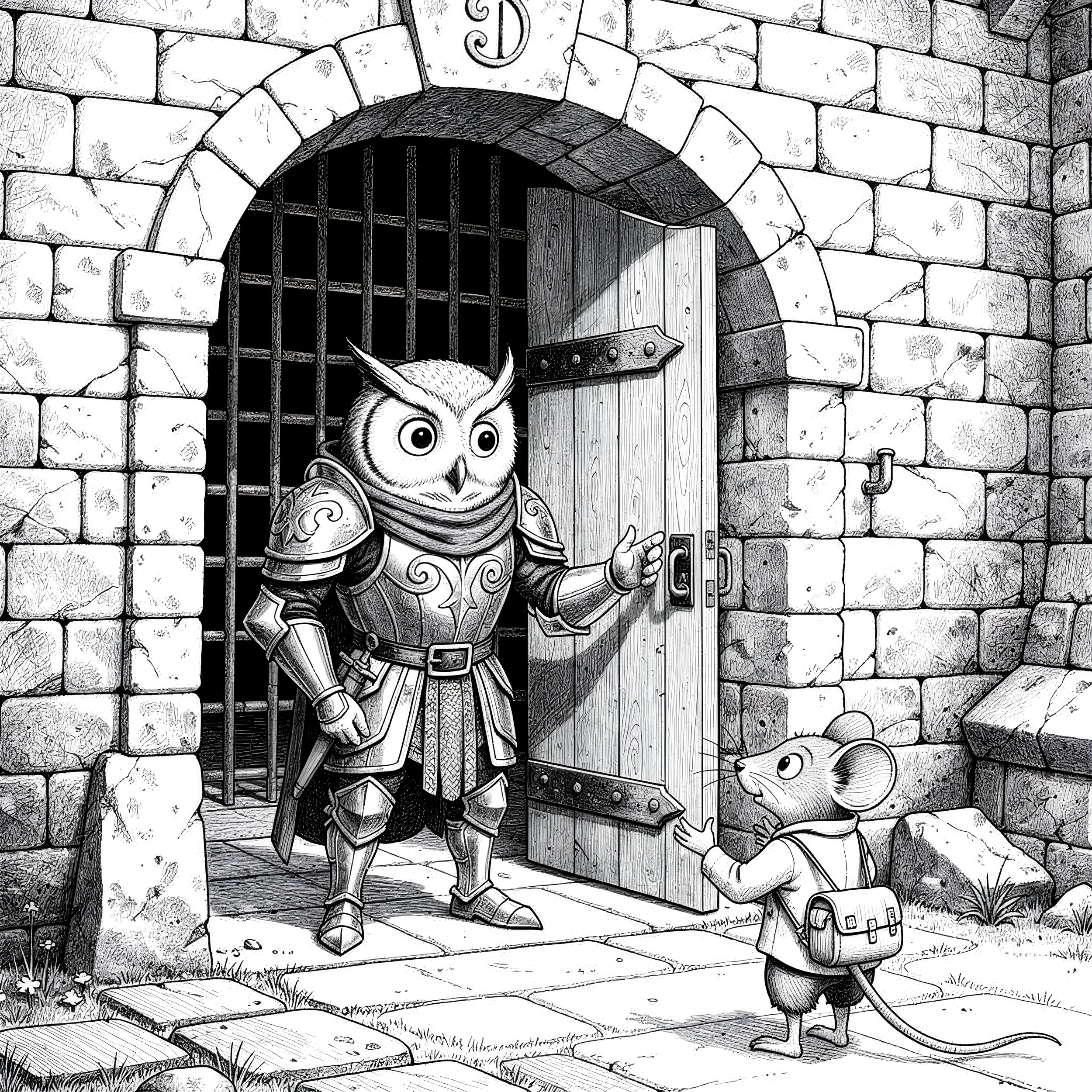 A black and white illustration of an owl with armor standing in front of a stone door with a gate. A mouse wearing a hat and carrying a backpack is standing nearby.