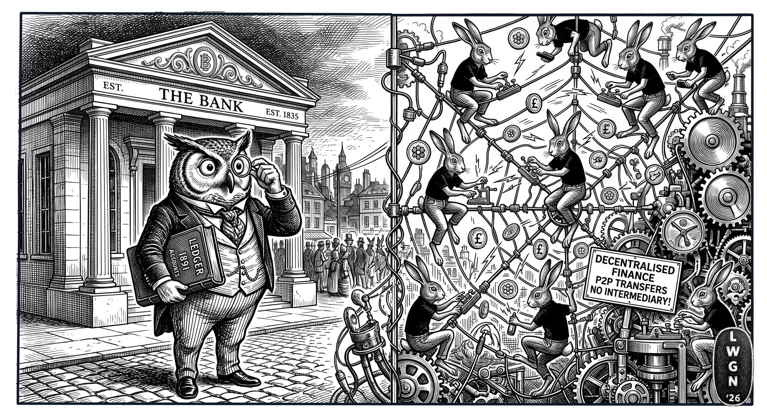An anthropomorphic owl stands outside a traditional bank. He looks ahead in horror to see several hares on a web carrying out decentralised finance.