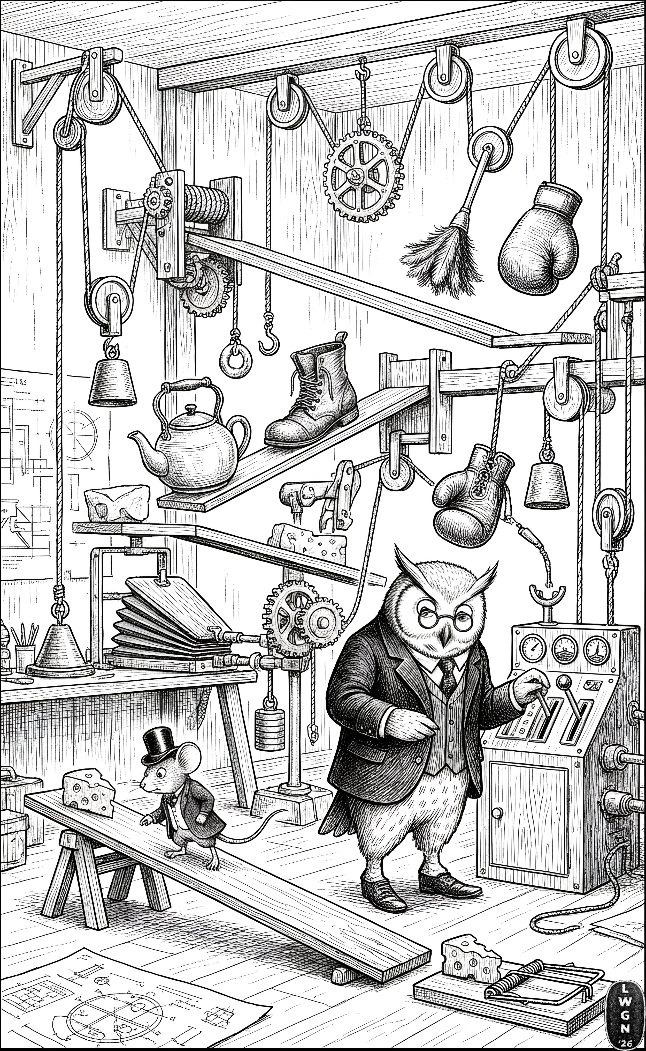 An anthropomorphic owl in a business suit using a control panel in a workshop filled with gears, ropes, boxing gloves, a teapot on a plank, a mouse in a suit with cheese, and various planks and blueprints.