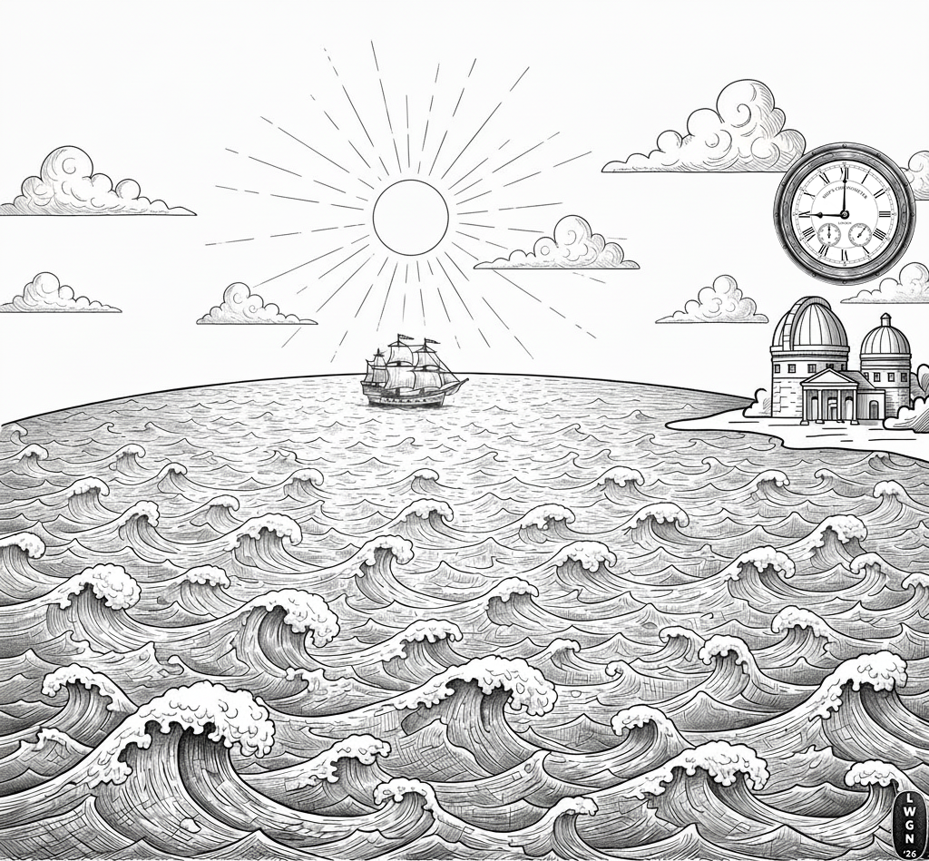 A ship on the sea. The sun is directly overhead. It is heading for London, where is pictured Greenwich Observatory. There the time is 9am.