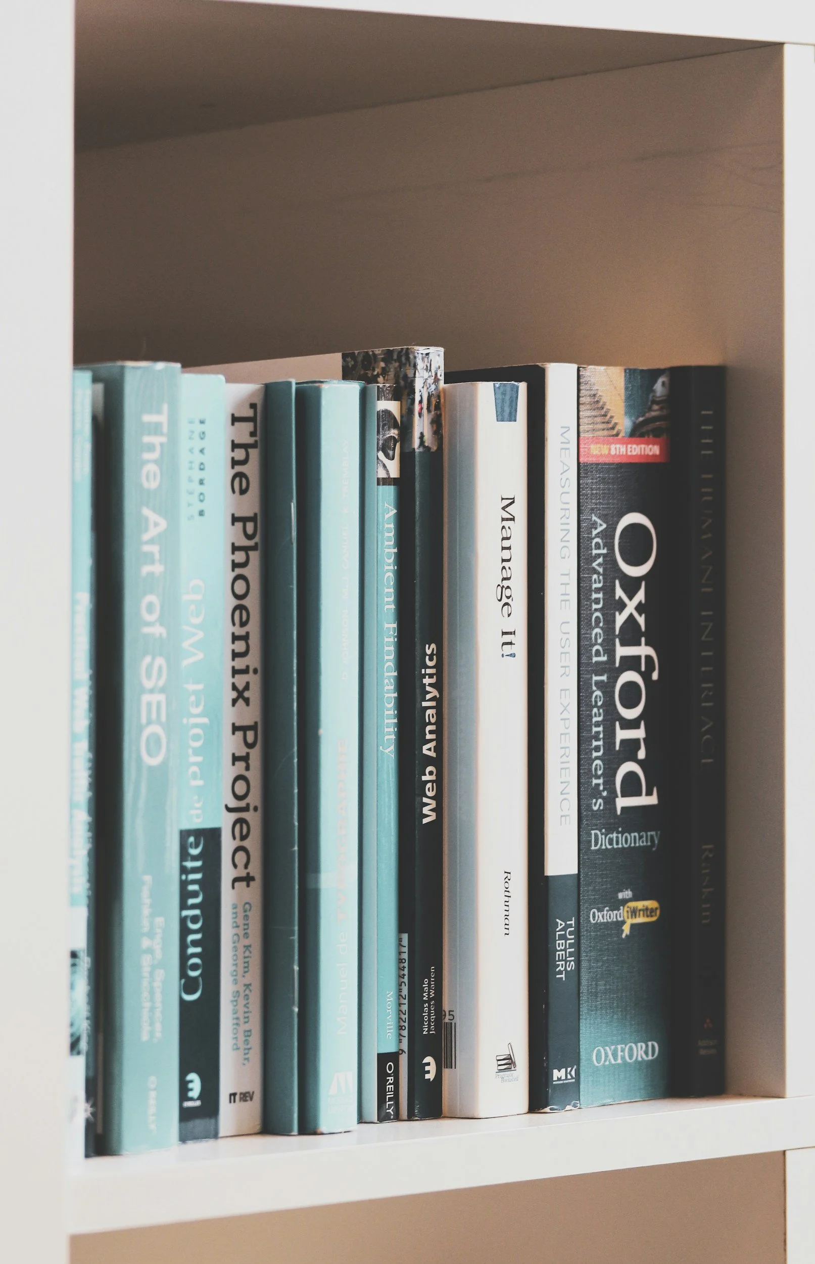 Verschiedene Wörterbücher stehen in einem weißen Regal.