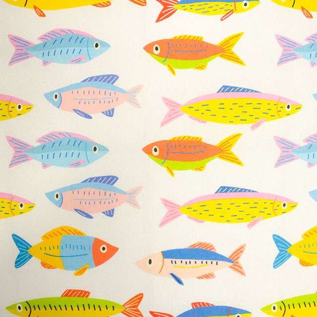 Colorful cartoon fish pattern with various fish shapes in blue, pink, yellow, orange, and purple on a white background.