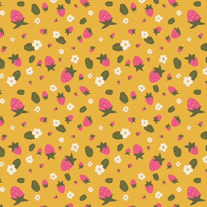 Pattern with pink strawberries, green leaves, and small white flowers on a yellow background.