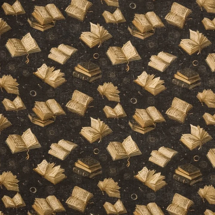Pattern of open and closed books on a dark background.