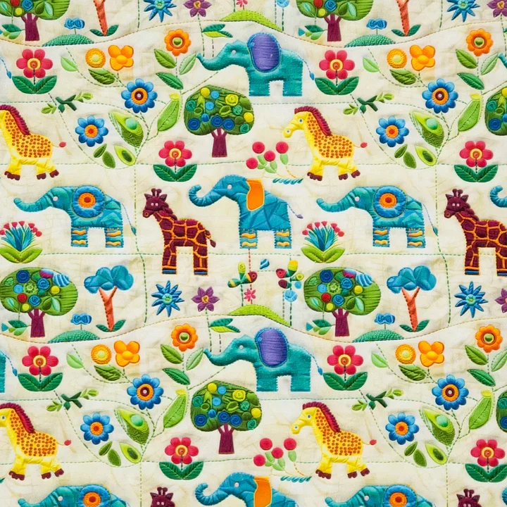 Colorful quilt with embroidered jungle animals and plants, including elephants, giraffes, trees, flowers, and birds.