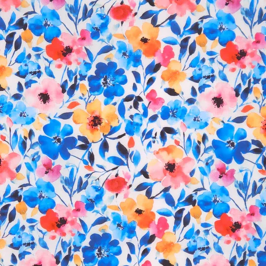 A colorful floral pattern with blue, pink, yellow, and red flowers and dark blue leaves on a light background.