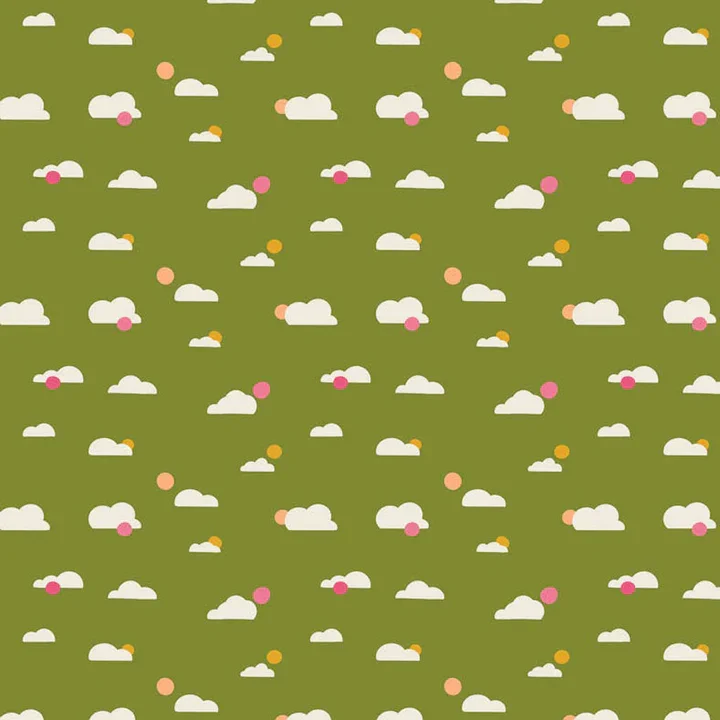 Pattern of white clouds with pink, orange, and peach-colored circles on an olive green background.