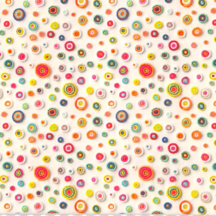 Colorful, small, circular crochet flowers and circles scattered on a white background.