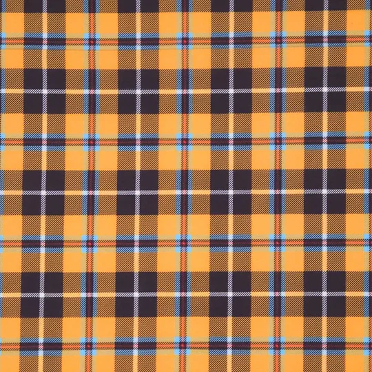 Close-up of a yellow and black plaid fabric with red and blue accents.