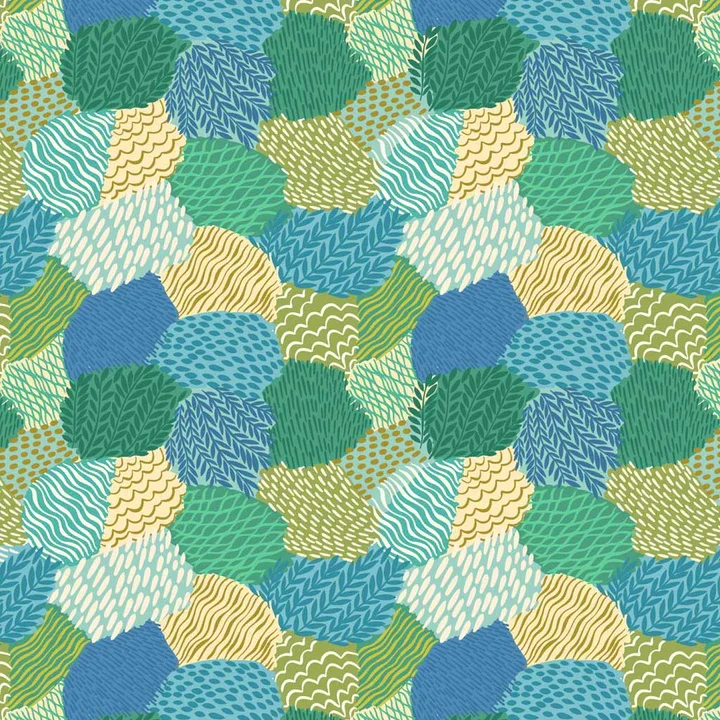 Pattern of multicolored leaves with various line and wave designs in shades of green, blue, cream, and gold.