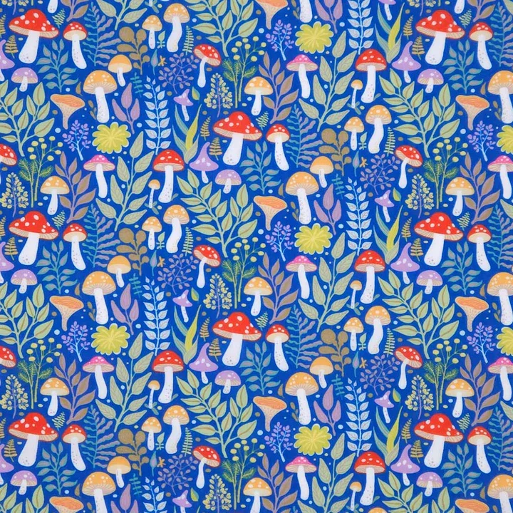 Pattern of colorful mushrooms and foliage on a blue background.