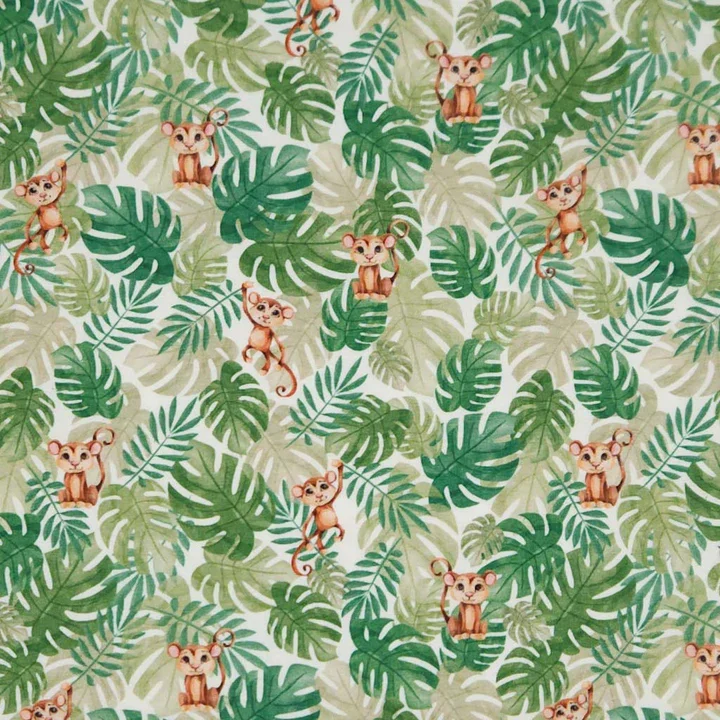 Pattern featuring cartoon monkeys and green tropical leaves.