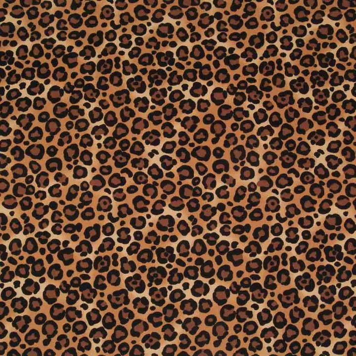 Leopard print fabric with a pattern of black spots on a tan background.