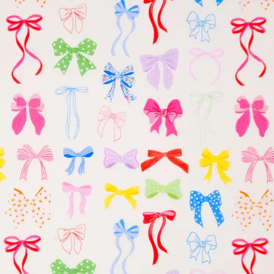 A pattern of various colorful bows, ribbons, and bows with tails on a white background.
