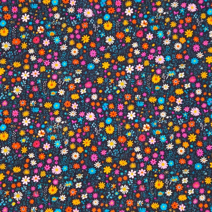 Close-up of a colorful floral pattern with small flowers in pink, yellow, blue, white, orange, and purple on a dark background.