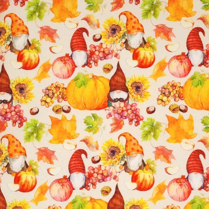 A colorful fall-themed pattern featuring pumpkins, gnomes with orange and brown striped hats, sunflowers, grapes, and autumn leaves.