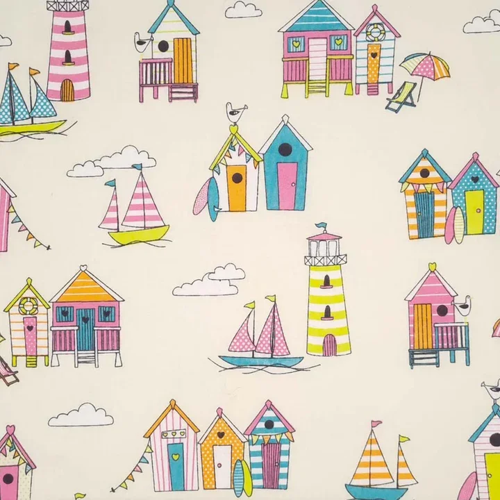 Colorful illustration of cute beach huts, lighthouses, sailboats, umbrellas, and clouds on a white background.