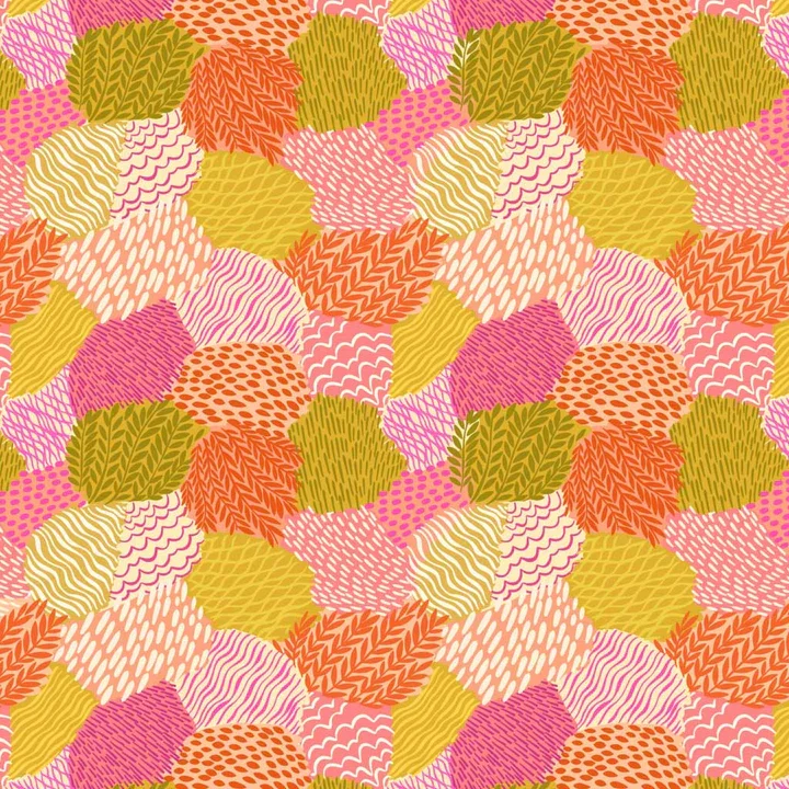 A colorful, abstract pattern of overlapping leaves in shades of pink, orange, yellow, and green with various line and dot textures.