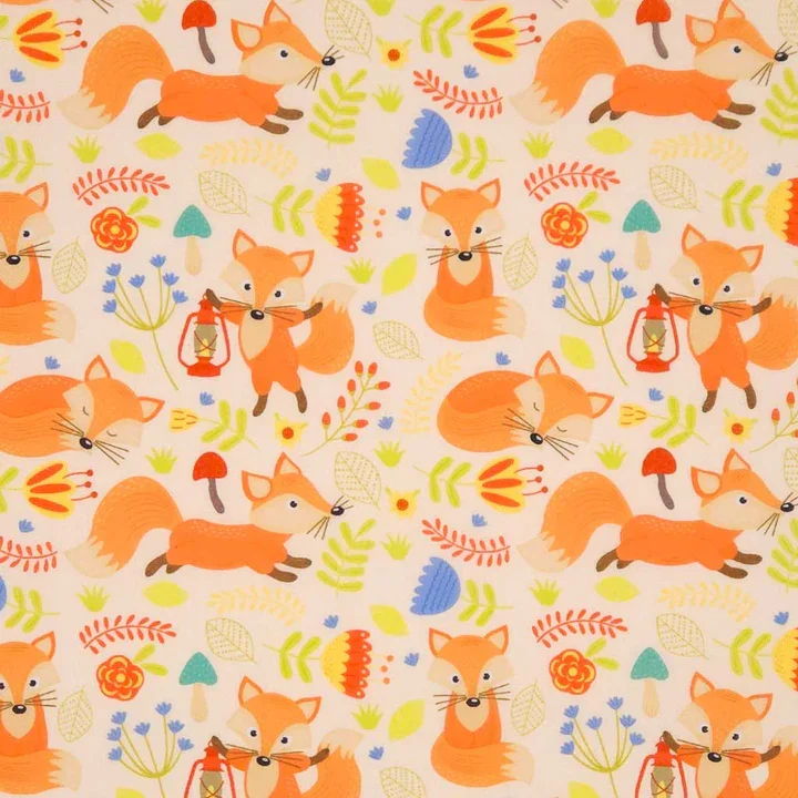 Pattern featuring cartoon foxes, wildflowers, and leaves in bright colors.