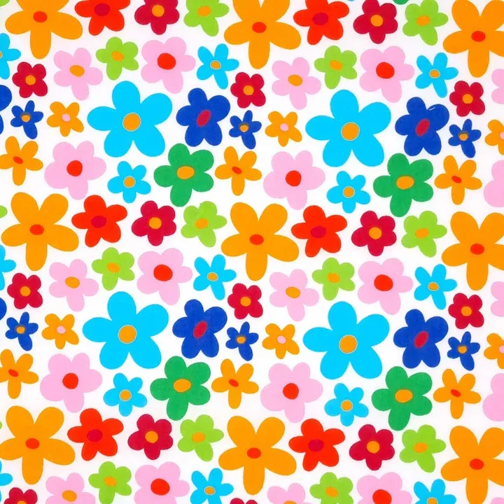 Colorful assortment of cartoon-style flowers in orange, pink, red, blue, and green on a white background.