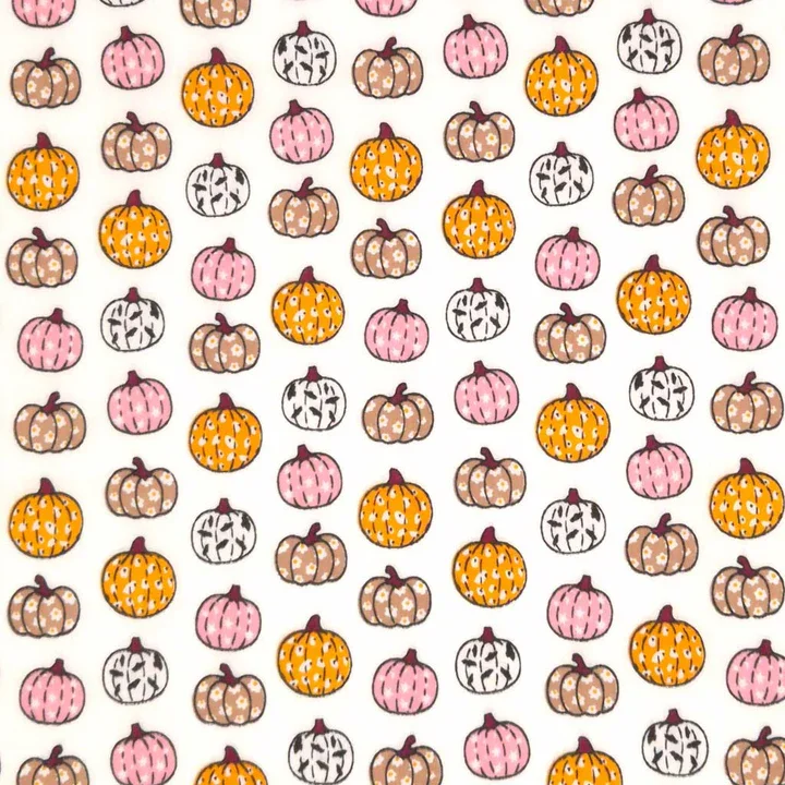Pattern of various decorated pumpkins in pink, orange, white, and brown on a white background.